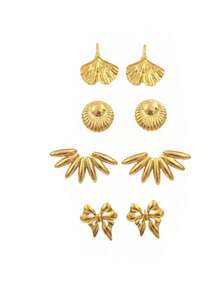 Juego de pendientes vintage dorados de acero inoxidable, joyería con lazo, corazón y diseño geométrico, pendientes de botón hipoalergénicos de declaración para mujer, regalo - (4-8 pares) - Dorado - Ver 16
