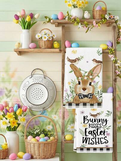 2条装水彩复活节兔子彩蛋农舍厨房毛巾条纹蝴蝶结花卉小鸟复古春夏农场装饰洗碗布节日派对用品手帕，适用于厨房、餐厅和餐桌