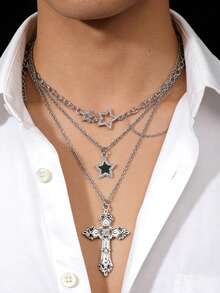 3pcs/Set Vintage Gothic Style Statement Star Charm Chunky Chain Necklace Set For Women, Punk Style - Silver - View 3