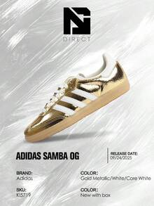 Adidas Samba OG Gold Metallic Cracked Leather (Women's)-  Women's Lifestyle Sneakers – Shoes For Woman-Vintage-Spring & Summer-Inspired Running Shoes, Shock-Absorbing Comfort, Gym To Streetwear Casual Wear-Easter Gift–KI5719 - Gold Metallic/White/Core White - 查看 6
