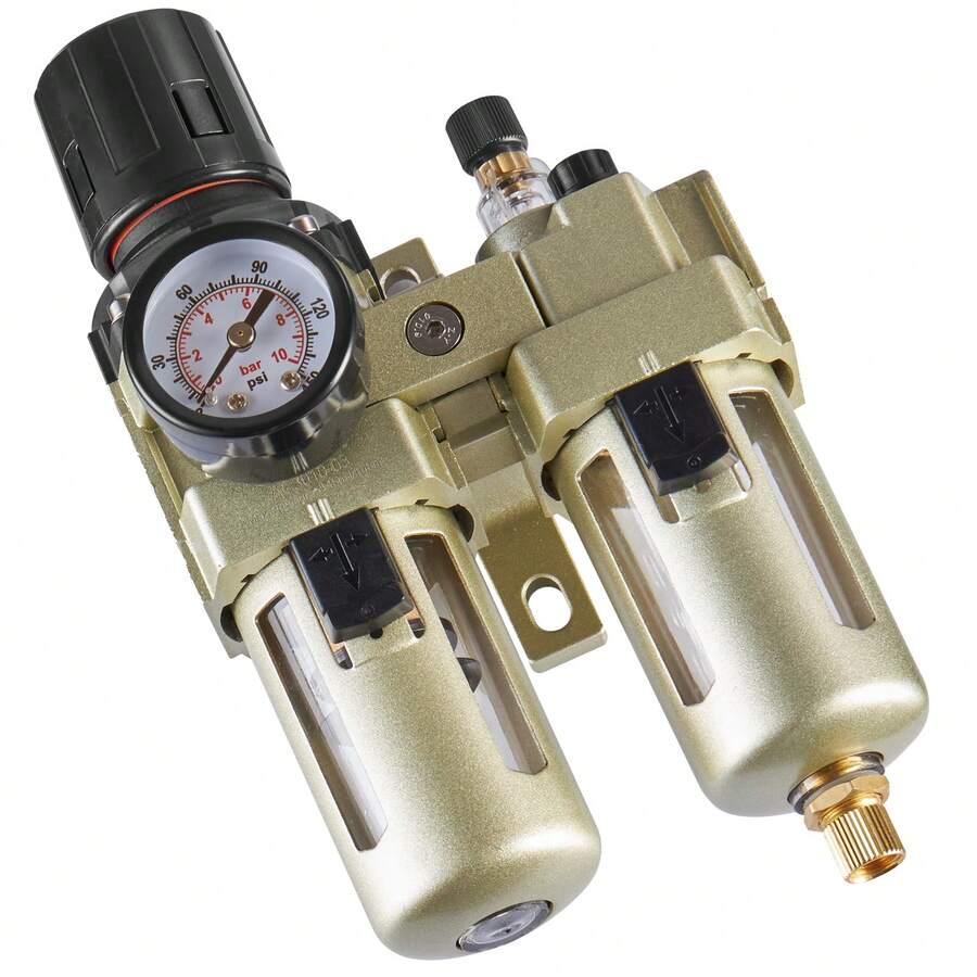 Air Compressor Filter Regulator Lubricator (FRL), 3/8" NPT Air Compressor Water Separator, Semi-Auto Drain Air-Drying System With 5μm Brass Filter Element, 145PSI Max Working Pressure, Poly Bowl - Double Unit 3/8 Npt 5UM - View 1