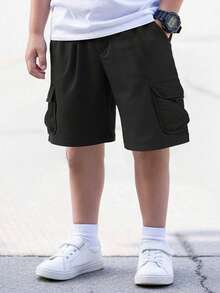 1件装 男童舒适百搭休闲时尚工装短裤，带大口袋，适合日常穿着 - 黑色 - 查看 5