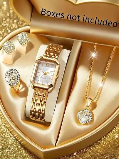5pcs Women's Watch Gift Set, Diamond Silver Watch, Bracelet, Necklace, Earrings, Ring 5pcs Set, Suitable As Anniversary, Birthday, Christmas, Valentine's Day Gift For Mom, Wife, Girlfriend