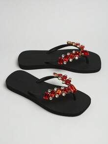 1 Pair Shiny Rhinestone Black Square Toe Fashion Flip Flops, Non-Slip Beach Sandals For Women - Multicolor - View 1