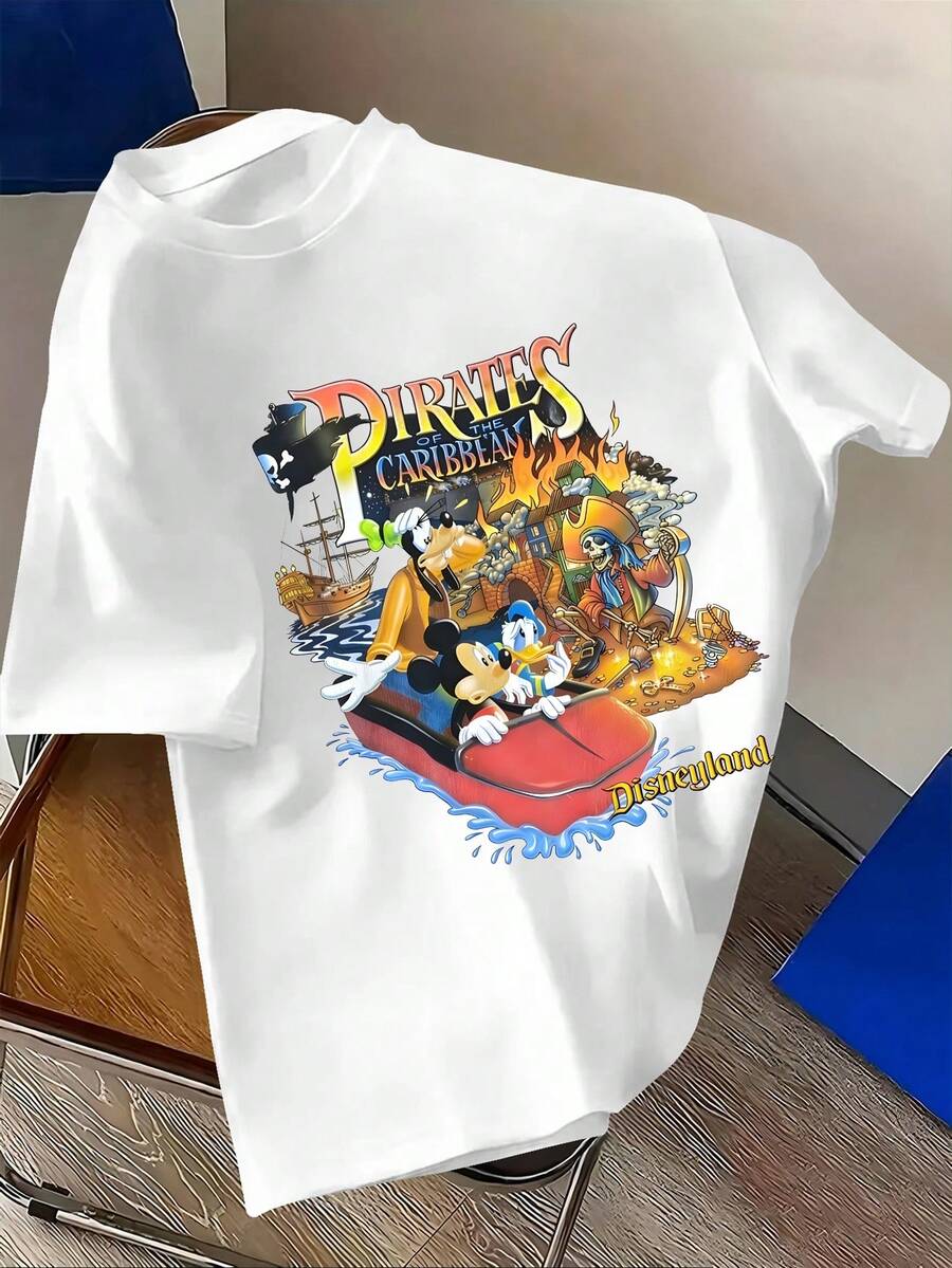 Disney Men's Casual T-Shirt, Featuring Classic Disney Character Patterns Such As Mickey Mouse, Donald Duck, And Goofy, Creates A Joyful And Adventurous Park Atmosphere, Suitable For Disney Outings, Street Gatherings, And Other Scenes - 白色 - 查看 1