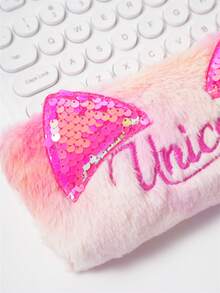 1个时尚扎染猫耳铅笔盒，亮片文具袋，毛绒字母拉链铅笔袋，简约收纳袋 - 粉色 - 查看 6