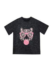 女士夏季新款虎纹圆领短袖T恤，休闲宽松百搭上衣，时尚日常穿着 - 黑色 - 查看 3