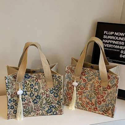 1pc 2026 New Women's Canvas Shoulder Bag, Slouchy Style Commute School Handbag, Tassel Decor, Retro Floral Jacquard Tote Bag, Large Capacity Vintage Floral Jacquard Tote Bag, Red And Blue Available, Linen Blended Fabric, Large Capacity Handbag, Magnetic Snap Design, Artistic Retro Style Ladies Tote Bag, Essential For Spring/Summer Outings, Shopping, Commuting, Daily Use