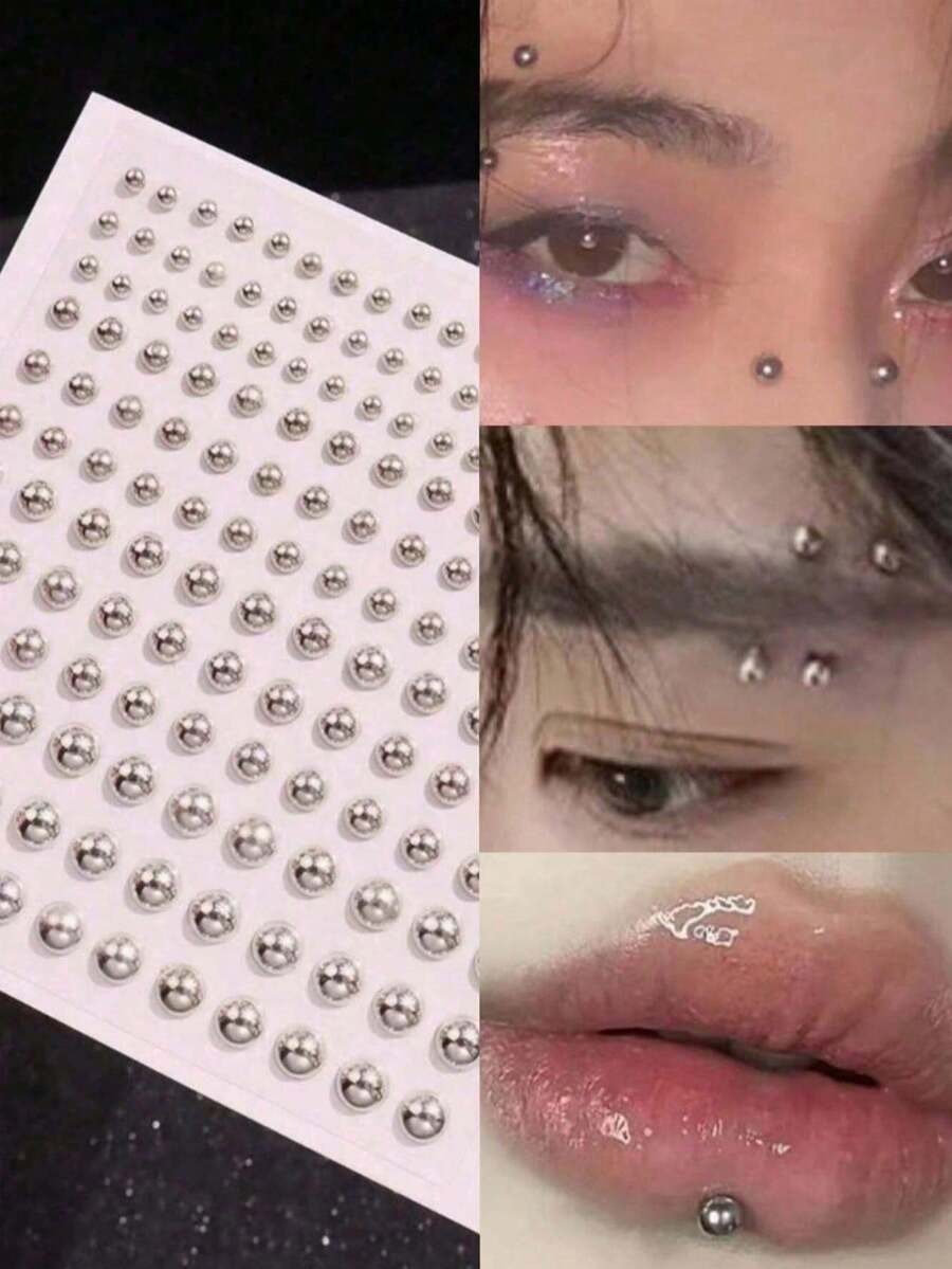 1650/1320/825/495/330/165片 3-6毫米 镀银亚克力 Y2K 性感身体贴纸 + 镊子，假鼻环耳环贴纸，假眉环和唇环无孔身体饰品，适合派对和音乐节面部装饰