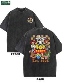 Disney Toy Story Retro Washed T-Shirt-Official Woody And Buzz Lightyear Loose Casual Shirt-Unisex Birthday Party Dress-Nostalgic 90' S Pixar Movie Memorial Gift-Theme Design-Printing-Resistant Collection-Couple Clothing - 黑色 - 查看 1