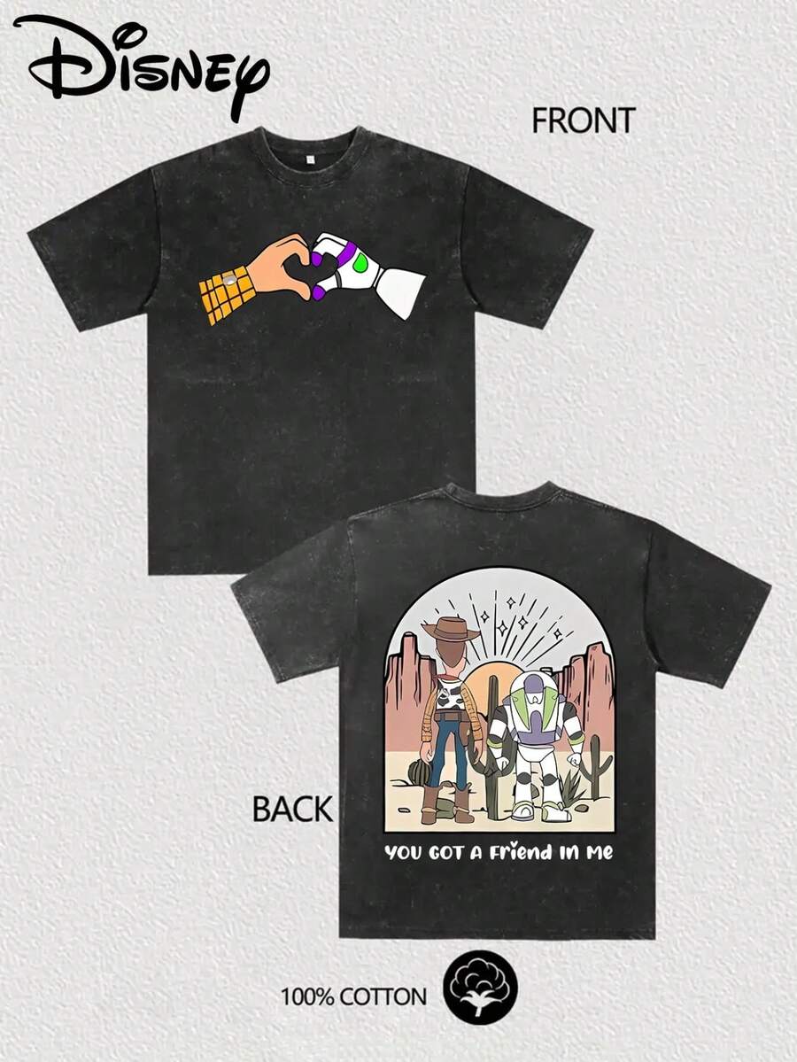 Disney Toy Story Double-Sided Printed T-Shirt-Men's Casual Short-Sleeved Cotton Shirt-Friends Here-Pattern-Neutral Gift-Suitable For Everyday Wear - Black - View 1