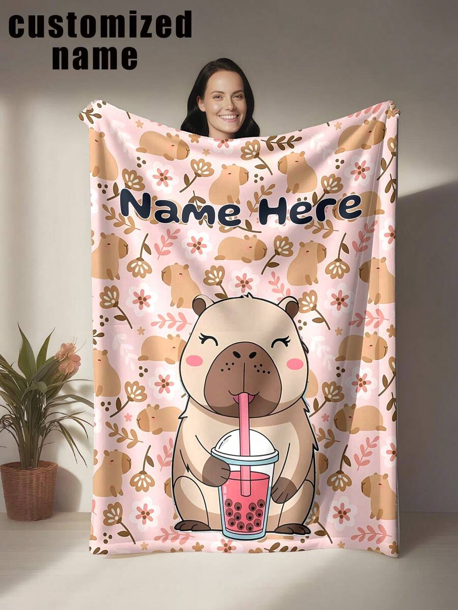 1pc Customizable Capybara Blanket - Soft, Comfortable, Warm, Personalized Blanket Suitable For Home, Office Or Camping - Perfect Gift For Family And Friends, Customized Blanket