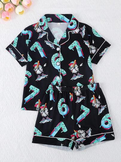 2pcs/Set Tween Girls "67" Graphic Print Polo Collar Short Sleeve Cardigan And Shorts Casual Pajama Set, Flame Retardant, All Season