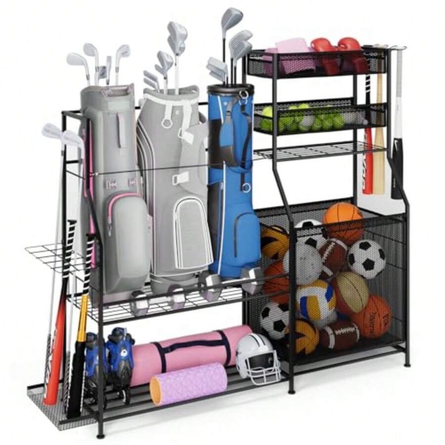Garage Sports Equipment Organizer3 Golf Bags Storage Stand Heavy-Duty Ball Storage Rack with Basket and Hooks Space-Saving Design for Toy Sports Gear Storage Indoor/Outdoor Use - Negro - Ver 1
