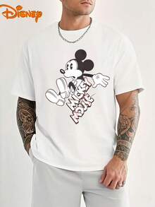Disney Men's Casual T-Shirt With Black And White Retro Mickey Silhouette Pattern, Full Of Street Atmosphere, Suitable For Young People Who Like American Retro And Cartoon Collaboration - 白色 - 查看 1