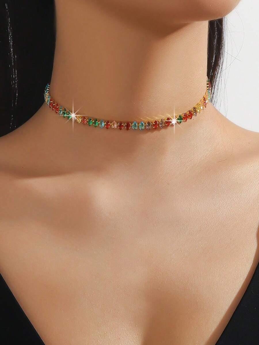 1 chiếc vòng cổ nữ hình học rỗng đính đá Zirconia, đa năng, phù hợp đeo hàng ngày và dự tiệc. - màu vàng - Xem 1