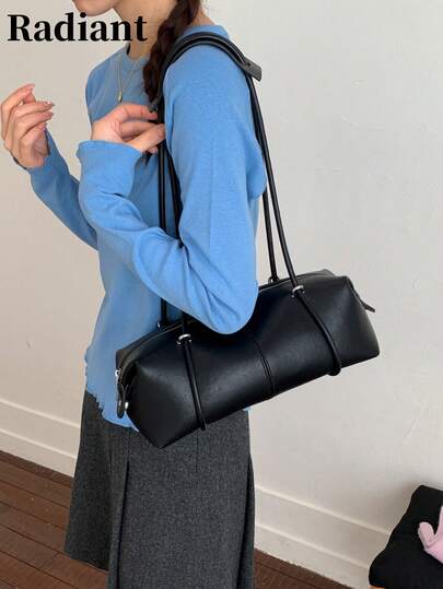 简约休闲腋下包，复古时尚，百搭纯色女士单肩包，波士顿包，拉链封口，适合通勤、郊游、野餐、约会、短途旅行等场合。