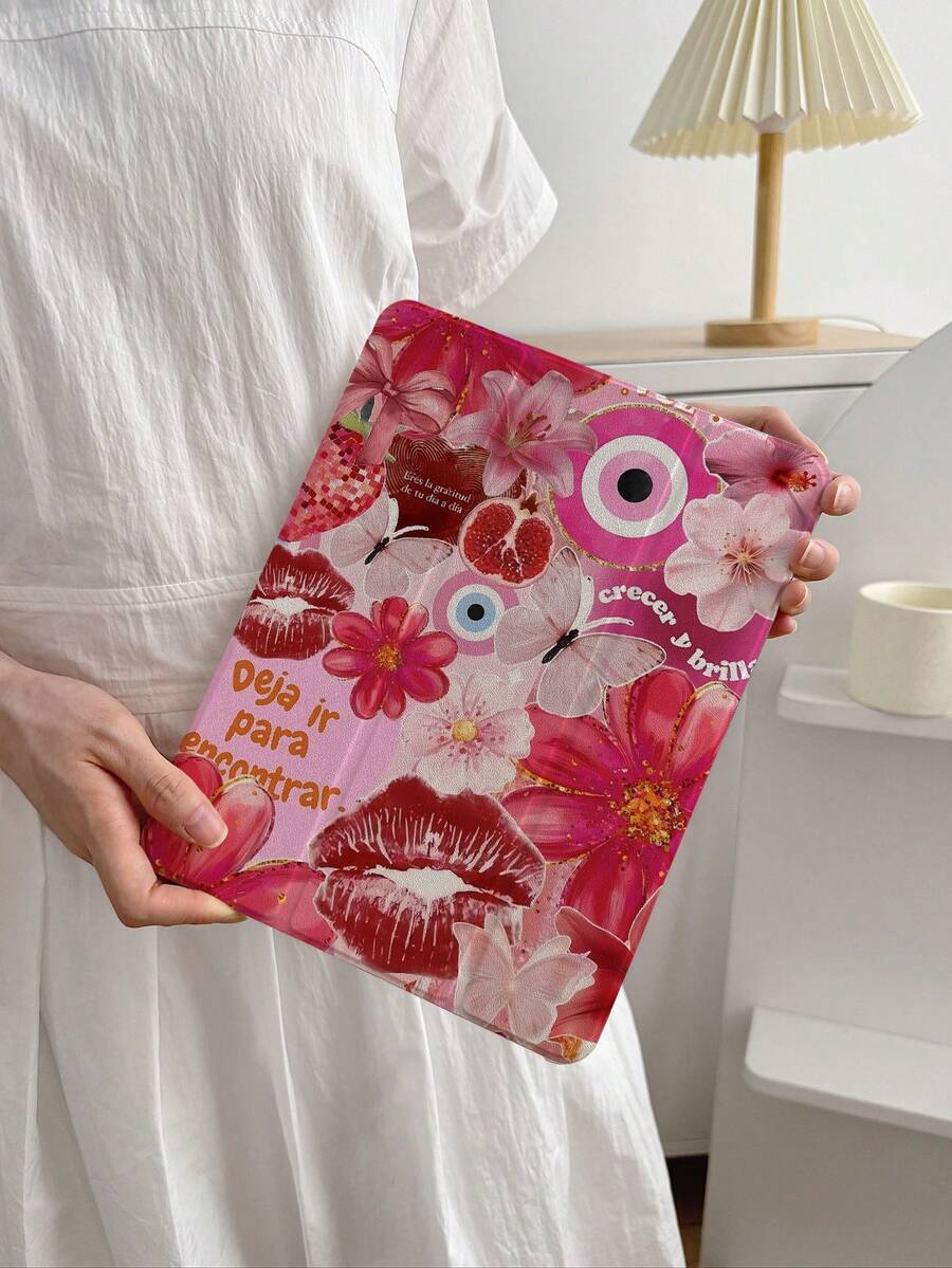 1个红色唇花蝴蝶图案平板电脑保护套，适用于iPad 7/8/9平板电脑，2022款Apple Air 5/4/3第九代10.2英寸硅胶保护套，iPad Pro 11英寸（A16 2025），带可折叠支架，适用于iPad第十代。 - 彩色 - 查看 1