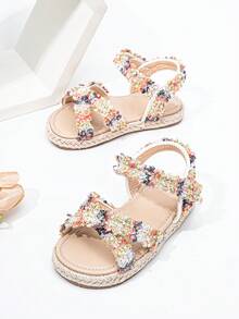 1 Pair Fashion Straw Woven Girls Sandals, Lace Rope Braided Flat Design Cute Baby Shoes, Suitable For Spring, Summer, Autumn Wear With Dresses - White - View 2