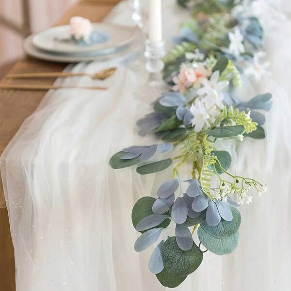 Élégant chemin de table en tulle transparent - Nappe de table blanche drapée de 118 pouces pour centres de table de mariage, décoration de table de mariée en polyester, écharpe de chaise polyvalente, parfait pour réception, fiançailles, célébrations de fête