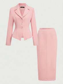 2pcs/Set Elegant Business Formal Suit Blazer + Slit Hem Skirt Outfit Pink Spring - Pink - View 5