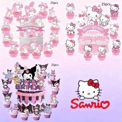 75pcs Sanrio KT Cat Theme Cake Decoration Card Set, Including Cute Patterns Of KT Cat, My Melody, Kuromi, Etc. In Pink, Purple And Black, Diverse Designs, Suitable For Birthday Parties, Creating A Playful Atmosphere For Dessert Tables, Adorable Decorations To Enhance The Appearance Of Desserts.