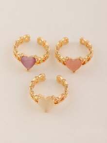 Set de 3 anillos con forma de corazón hueco y piedra de ojo de gato para niñas - Multicolor - Ver 6