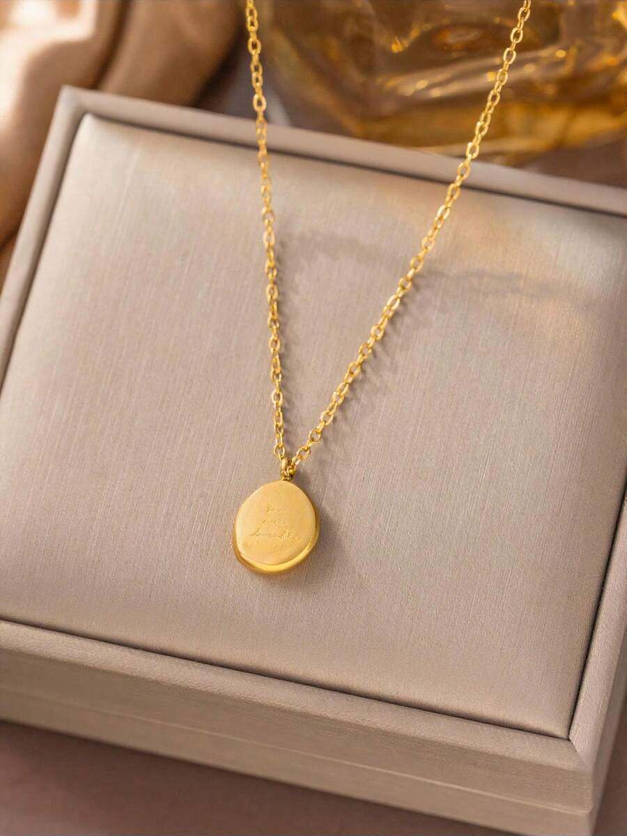 1pc Gold Engraved Round Pendant Necklace, Minimalist Chic Style Jewelry, Suitable For Dates, Gifts, Daily Wear (OPP Bag Packaging) - Gold - View 1
