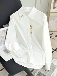 Women's Heart Embroidery Button-Front Shirt - White - View 3