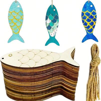 10pcs Of Wooden Fish Paper Cuttings DIY Handicrafts - Cutting Blank Wooden Fish, Giving Hemp Rope, Opening Design, Easy To Hang, Graffiti Colored Handicrafts, Suitable For Marine Animal Theme Party Decoration, Hanging Living Room, Bedroom, Corridor
