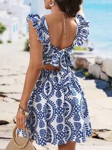 Women's Summer Ruffle Backless Tie Sleeveless Short A-Line Elegant Vacation Dress - Blue - View 2