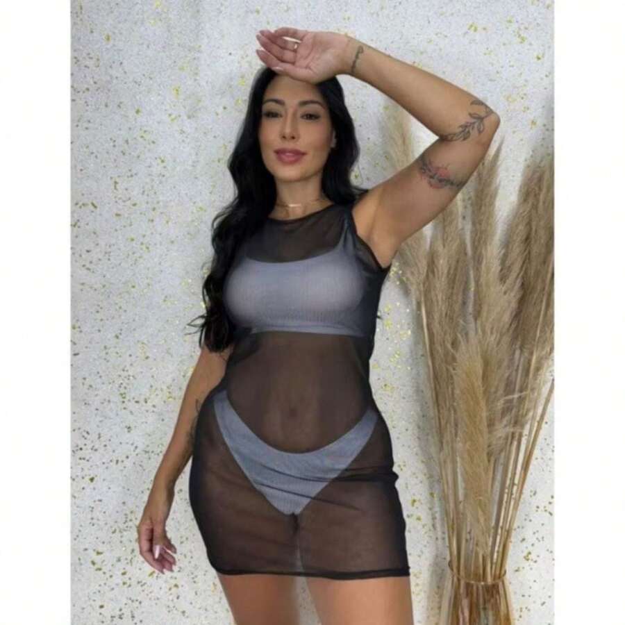 Vestido Saida de Praia De Tulle Regata Moda Praia Virada de Ano  Piscina Cachoeiras Moda Feminina Ano Novo Natal Verão - Preto - Visão 1