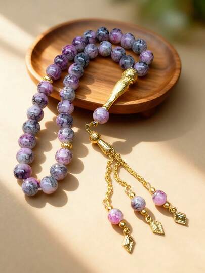 33pcs Deep Sea Blue Veined Stone Tasbih (Prayer Beads) With Gold-Plated Tassel Accessories, Muslim Prayer Bracelet, High-End Eid Al-Fitr Gift For Father, Brother, Comes In Gift Box