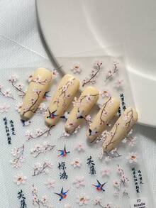 1pc New Chinese Style Nail Art Sticker, Featuring White Flowers, Flying Birds As The Main Elements, Paired With Oriental Text And Classical Poems, Exuding Elegant Oriental Aesthetics, Suitable For Those Who Enjoy Chinese Style, Refined And Sophisticated Manicure Nails Nail Stickers - Multicolor - View 10
