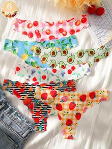 SQPVEH 6pcs/Pack Women's Fruit Print Hollow Heart Design Comfortable Sexy Low-Rise Thong Panties - Multicolor - View 4