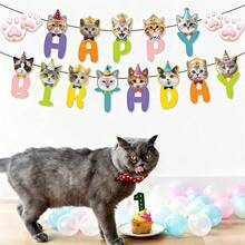 Bộ 6/15 banner chúc mừng sinh nhật chủ đề mèo, 1 bộ gồm vòng hoa và dây trang trí xoắn ốc chủ đề mèo, thích hợp cho tiệc tùng, chất liệu giấy và PE đa năng dùng trong nhà/ngoài trời, không cần điện. - Nhiều màu - Xem 4