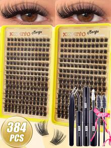 384/448 D型卷翘睫毛嫁接DIY套装，混合睫毛套装，10-18毫米簇状D型卷翘单根睫毛，柔软蓬松，迷你旅行装浓密睫毛套装，含胶水、封口剂和镊子，适合居家使用 - 彩色 - 查看 2
