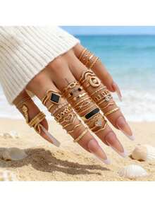 Juego de 29 anillos para mujer, estilo INS con gemas falsas incrustadas, diseños de corazón y serpiente con perlas falsas, anillos apilables multicomponentes con esmalte, perfectos para fiestas y uso diario - Multicolor - Ver 9