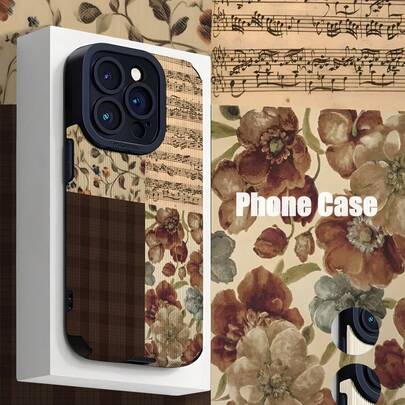 1 件复古花卉格子拼接音符条纹仿皮保护壳，适合作为生日、节日礼物送给朋友、家人、情侣，兼容 17/17 Air/17 Pro/17 Pro Max、16/16 Plus/16 Pro/16 Pro Max、15/15 Plus/15 Pro