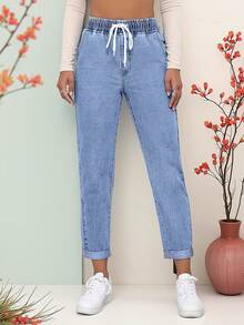 9635-1# Elastic Denim Cropped Pants, Casual & Versatile, Rolled Hem, Comfortable Elastic Waist With Drawstring, Denim Cropped Trousers Spring - Light Blue - View 5