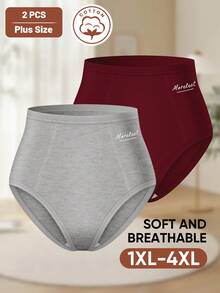 MEIYATING 2pcs Plus Size Women High Waist Tummy Control Cotton Panties With English Print, Comfortable Daily Wear - Multicolor - View 6