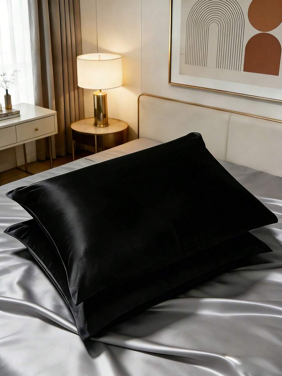 2个装缎面枕套，柔软顺滑，呵护头发和肌肤，信封式封口（不含枕芯），黑色 - 黑色 - 查看 1