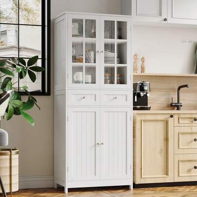 Despensa de cozinha com 6 prateleiras, 2 gavetas, armário independente, armário de cozinha com 4 portas, para sala de jantar, cozinha, lavanderia, branco