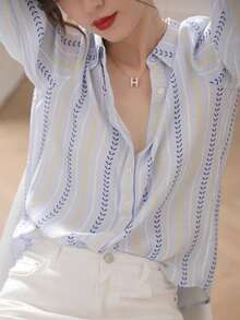 女士条纹前开襟优雅衬衫，商务休闲女士上衣，时尚长袖衬衫，适合初秋和万圣节穿着 - 圖色 - 查看 3