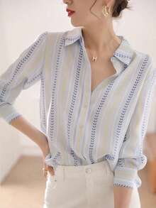 女士条纹前开襟优雅衬衫，商务休闲女士上衣，时尚长袖衬衫，适合初秋和万圣节穿着 - 圖色 - 查看 4