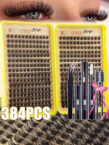 384/448 D型卷翘睫毛嫁接DIY套装，混合睫毛套装，10-18毫米簇状D型卷翘单根睫毛，柔软蓬松，迷你旅行装浓密睫毛套装，含胶水、封口剂和镊子，适合居家使用 - 彩色 - 查看 3