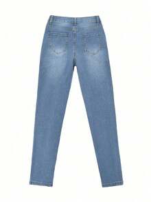 Y2K Style High Waist Light Blue Denim Jeans, Cropped Length, Slim Fit Skinny Pants, Flattering Silhouette, Suitable For Spring/Summer, Holidays, Festivals, Casual Denim Outfits, Jeans, Trousers, Outings, Women's Denim Jeans, Women's Denim Outfits, Women's Denim Pants, Curve-Hugging - 輕洗 - 查看 11