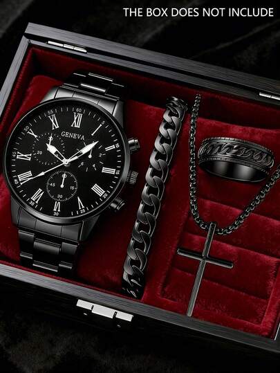 4件套休闲商务男士石英表套装，包括1块男士石英表和全黑配件套装（金属表带罗马数字计时表、链式手链、十字架项链、纹理戒指）