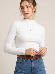 Women's Long-Sleeved Blouse Set In Ribbed Fabric With Medium Neckline, Knitted Fabric, Everyday Blouse - Black and White - View 3