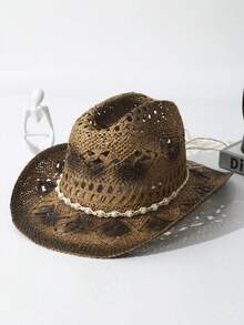 1pc Unisex Pearl Decor Ridge Dyeing Printed Boho Wide Brim Hand Woven Hollow Out Windproof Rope Casual Handmade Cowgirl Hat Travel Shade Breathable Adjustable Chin Strap Travel Shade Beach Hat Cowboy Hat Sun Hat Straw Hat - Màu Khaki - Xem 3